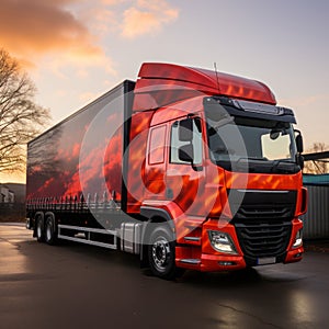 large red 7.5T HGV lorry truck on the road, in a morning setting, generative ai