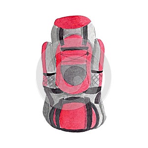 Large red backpack for camping and expeditions. Watercolor hand drawn illustration in cartoon style