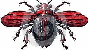 Large red and black beetle, with its wings spread out. It is positioned on top of an artistic background that includes