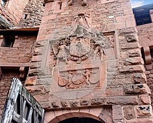 Large red brick castle of Haut-Koenigsbourg in Alsace, France in rock