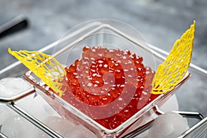 Large red caviar. Food recipe background. Close up