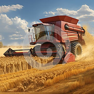 Large Red Combine Harvesting Wheat in Field. Generative AI.