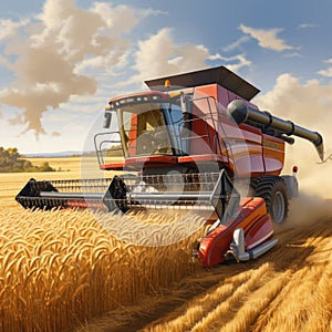 Large Red Combine Harvesting Wheat in a Wheat Field. Generative AI.