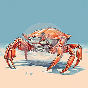 Large red crab walking on beach. The crab appears to be in shallow water or sand, as it can be seen from perspective of