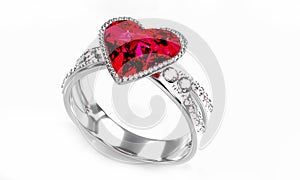 The large red diamond heart shape is surrounded by many diamonds on the ring made of platinum gold placed on a gray background.