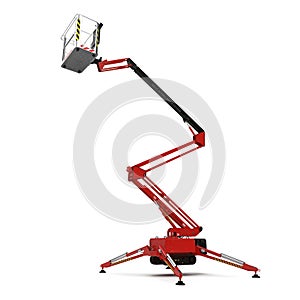 Large red extended scissor lift platform on white. 3D illustration