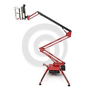 Large red extended scissor lift platform on white. 3D illustration