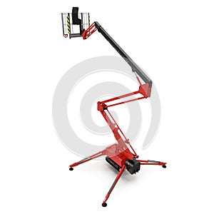 Large red extended scissor lift platform on white. 3D illustration