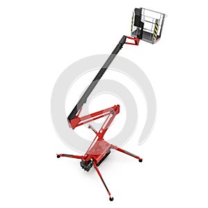 Large red extended scissor lift platform on white. 3D illustration