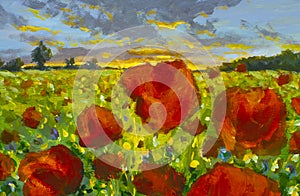 Large red flowers poppies in the meadow creativity impressionism art