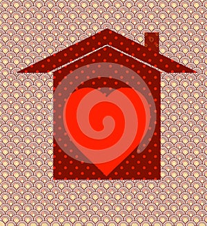 A large red heart picture inside a house with color and decorative background