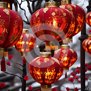 large red lanterns that are hanging from trees with flowers in them