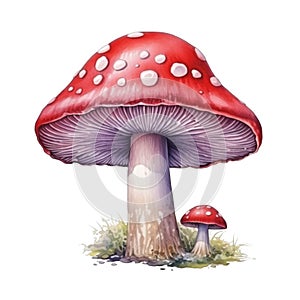 A large red mushroom with white spots and a smaller mushroom in front of it