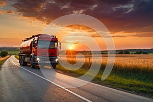 A large red truck is driving down a road with a beautiful sunset in the background