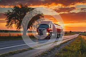 A large red truck is driving down a road with a beautiful sunset in the background