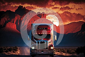 Large red truck driving highway, sunset and mountains in the background. Generative AI