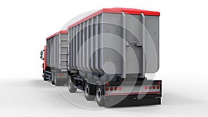 Large red truck with separate trailer, for transportation of agricultural and building bulk materials and products. 3d rendering.