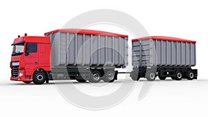 Large red truck with separate trailer, for transportation of agricultural and building bulk materials and products. 3d rendering.