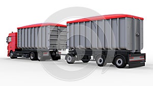 Large red truck with separate trailer, for transportation of agricultural and building bulk materials and products. 3d rendering.