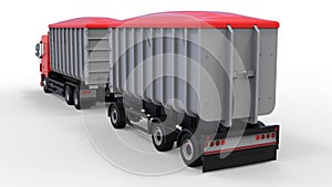 Large red truck with separate trailer, for transportation of agricultural and building bulk materials and products. 3d rendering.