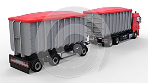 Large red truck with separate trailer, for transportation of agricultural and building bulk materials and products. 3d rendering.