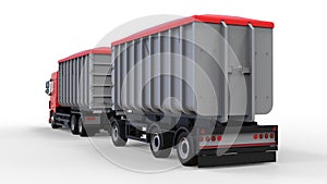 Large red truck with separate trailer, for transportation of agricultural and building bulk materials and products. 3d rendering.