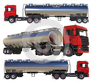 Large red truck tanker with a polished metal trailer. Views from all sides. A set of images. 3d illustration.