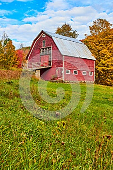 Large red vintage country barn in grassy fields with fall trees behind