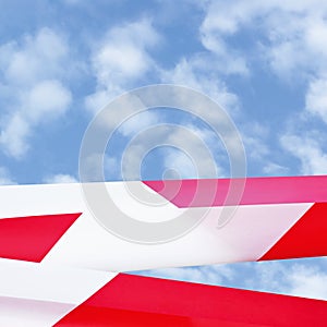 Large Red White Do Not Cross Ribbon Barricade Tape Copy Space, Detailed Horizontal Sunny Summer Sky Cloudscape Background, Bright