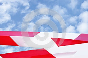 Large Red White Do Not Cross Ribbon Barricade Tape Copy Space, Detailed Horizontal Sunny Summer Sky Cloudscape Background, Bright