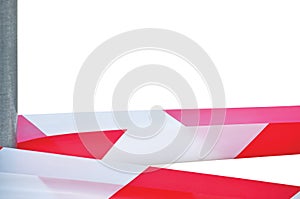 Large Red White Do Not Cross Ribbon Barricade Tape Copy Space, Isolated Detailed Horizontal Background, Grey Metallic Pole Post