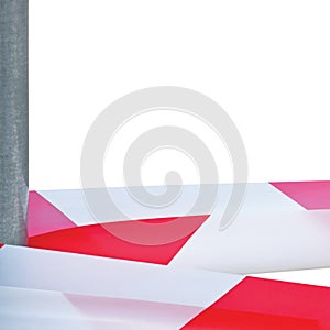 Large Red White Do Not Cross Ribbon Barricade Tape Copy Space, Isolated Detailed Horizontal Background, Grey Metallic Pole Post