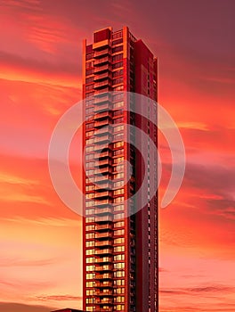 A large residential skyscraper on the background of a red sunset. The illustration was created by AI
