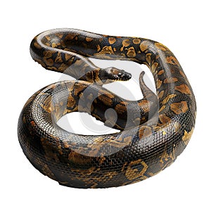 Large reticulated python curled up on white background