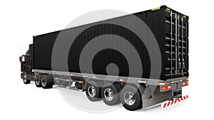 A large retro black truck with a sleeping part and an aerodynamic extension carries a trailer with a sea container. 3d