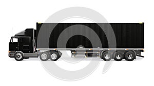 A large retro black truck with a sleeping part and an aerodynamic extension carries a trailer with a sea container. 3d