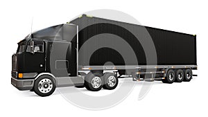 A large retro black truck with a sleeping part and an aerodynamic extension carries a trailer with a sea container. 3d