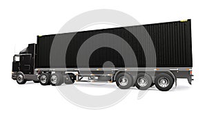 A large retro black truck with a sleeping part and an aerodynamic extension carries a trailer with a sea container. 3d