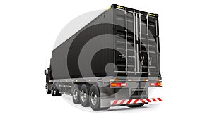 A large retro black truck with a sleeping part and an aerodynamic extension carries a trailer with a sea container. 3d