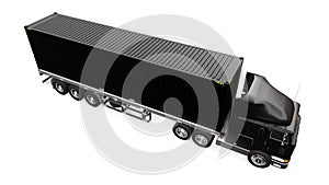 A large retro black truck with a sleeping part and an aerodynamic extension carries a trailer with a sea container. 3d