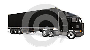 A large retro black truck with a sleeping part and an aerodynamic extension carries a trailer with a sea container. 3d