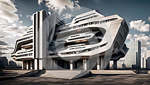 large retro futuristic brutalist apartment building in an urban landscape