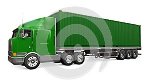 A large retro green truck with a sleeping part and an aerodynamic extension carries a trailer with a sea container. 3d