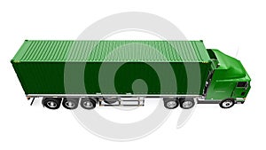 A large retro green truck with a sleeping part and an aerodynamic extension carries a trailer with a sea container. 3d