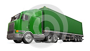 A large retro green truck with a sleeping part and an aerodynamic extension carries a trailer with a sea container. 3d