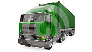 A large retro green truck with a sleeping part and an aerodynamic extension carries a trailer with a sea container. 3d