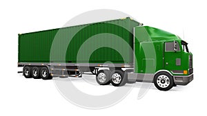 A large retro green truck with a sleeping part and an aerodynamic extension carries a trailer with a sea container. 3d