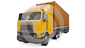 A large retro orange truck with a sleeping part and an aerodynamic extension carries a trailer with a sea container. 3d