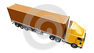 A large retro orange truck with a sleeping part and an aerodynamic extension carries a trailer with a sea container. 3d