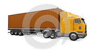 A large retro orange truck with a sleeping part and an aerodynamic extension carries a trailer with a sea container. 3d